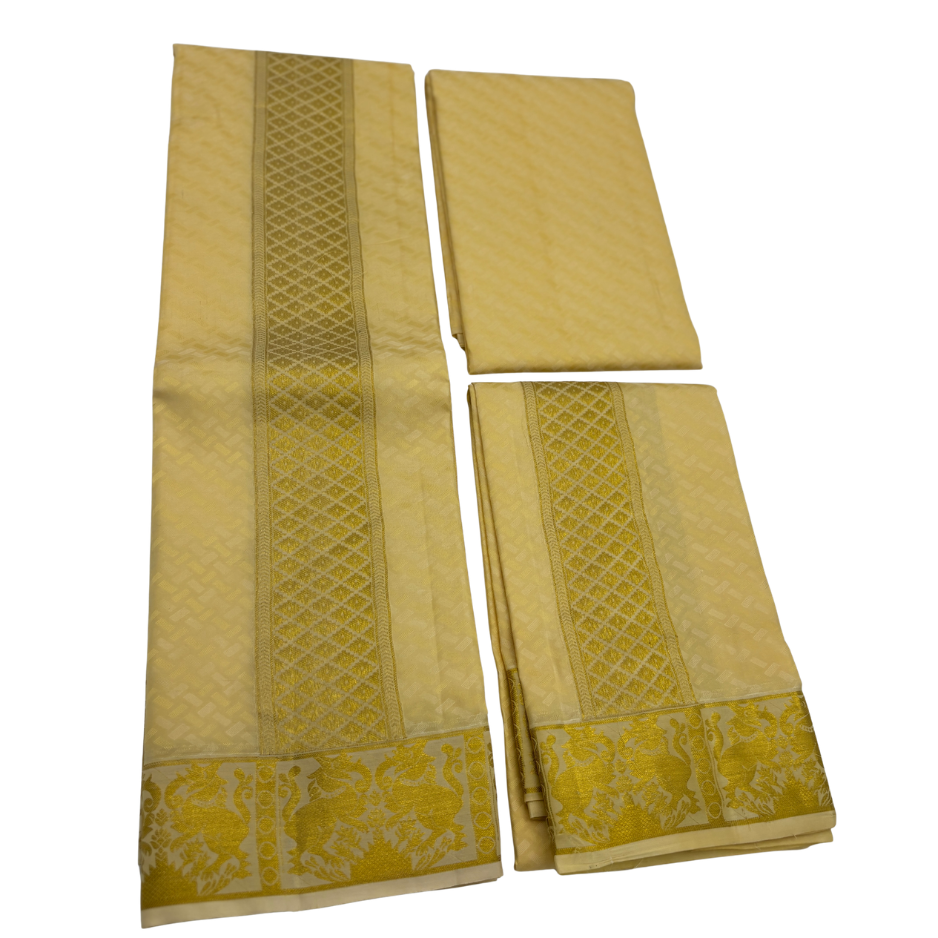 Groom Special Traditional Embossed Jacquard Silk Dhoti & Shirt Fabric