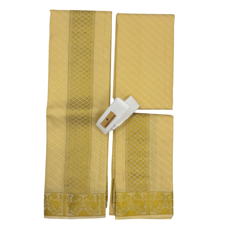 Groom Special Traditional Embossed Jacquard Silk Dhoti & Shirt Fabric