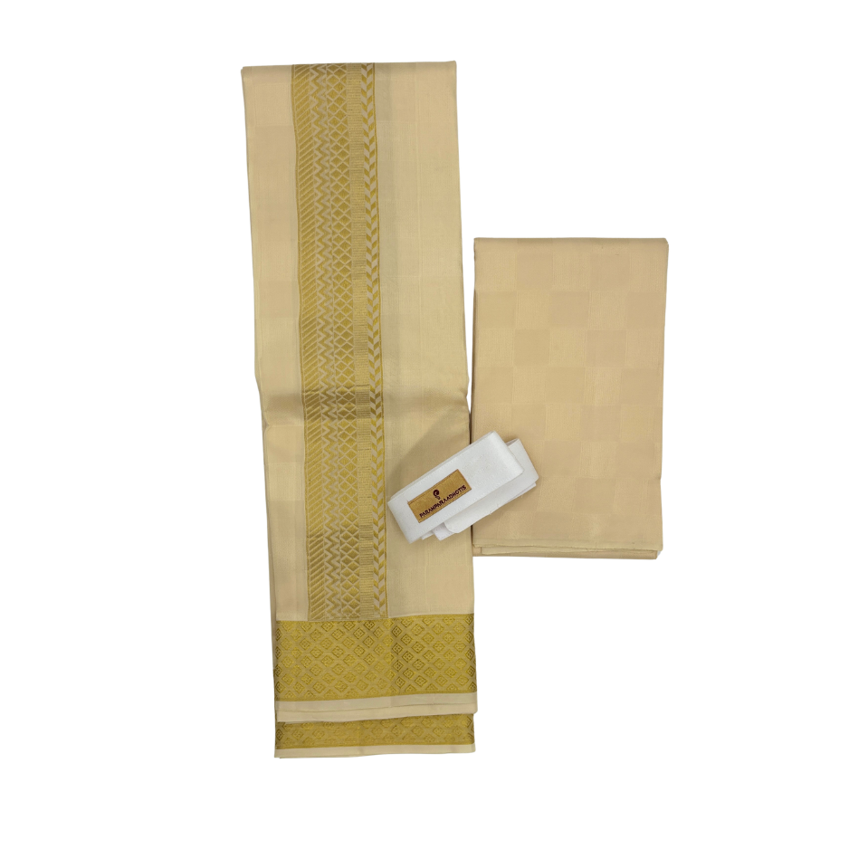 Groom Special Traditional Embossed Jacquard Silk Dhoti & Shirt Fabric