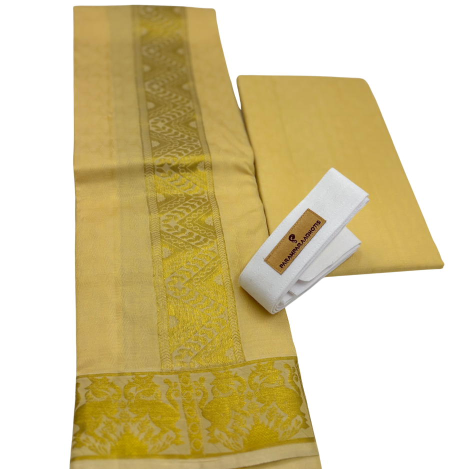 Groom Special Traditional Embossed Jacquard Silk Dhoti & Shirt Fabric