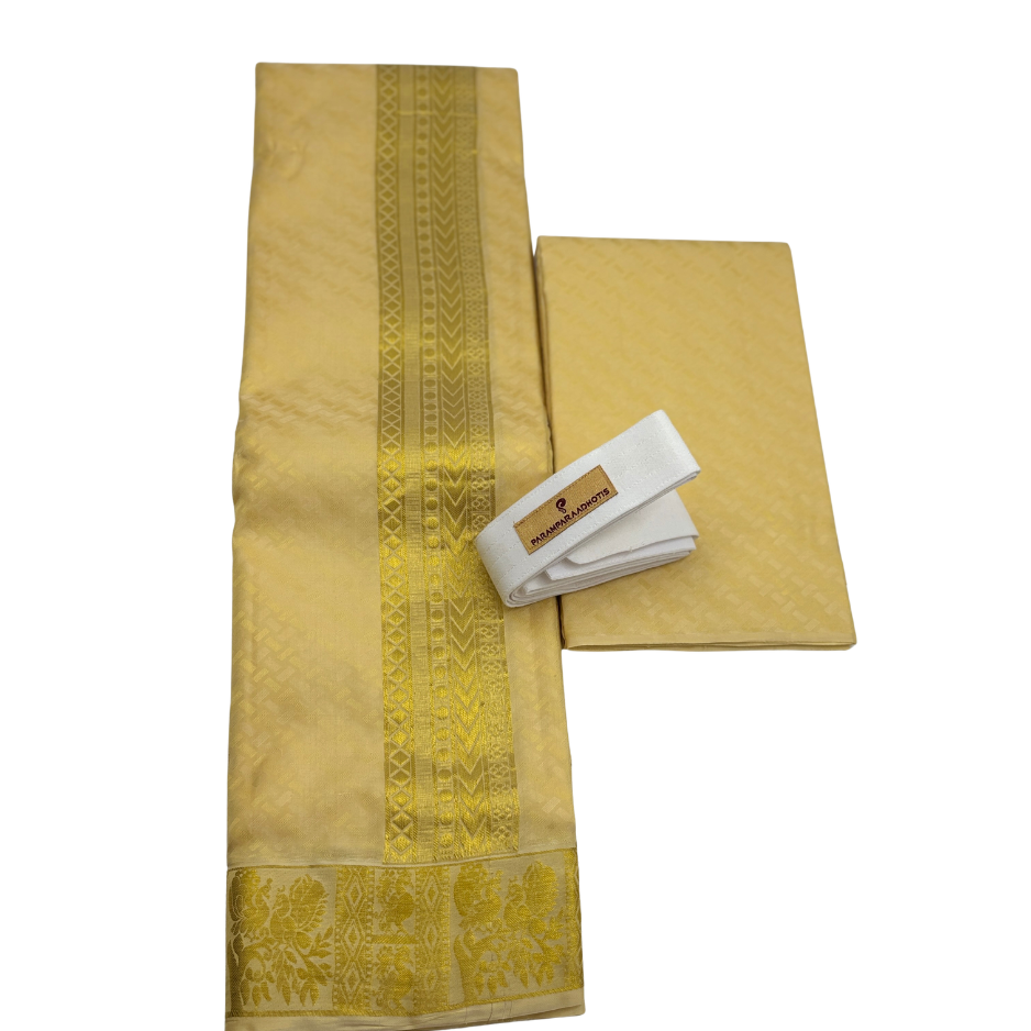 Groom Special Traditional Embossed Jacquard Silk Dhoti & Shirt Fabric