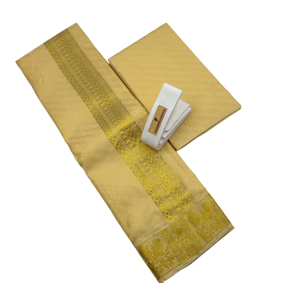 Groom Special Traditional Embossed Jacquard Silk Dhoti & Shirt Fabric