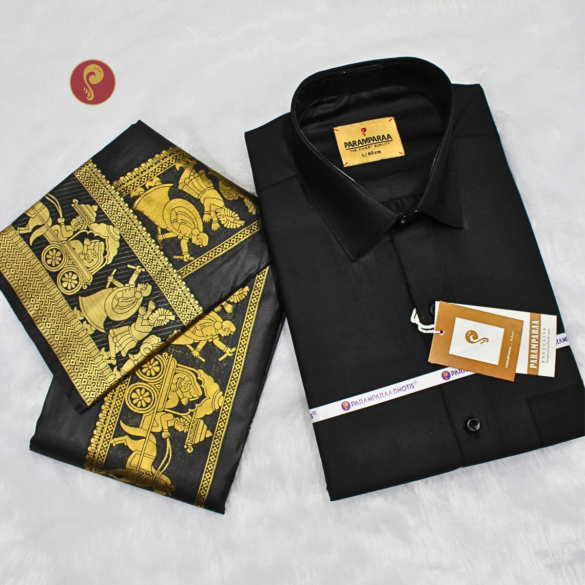 Art Silk Jacquard Pallakku Black Men's shirt and Dhotis & Towel
