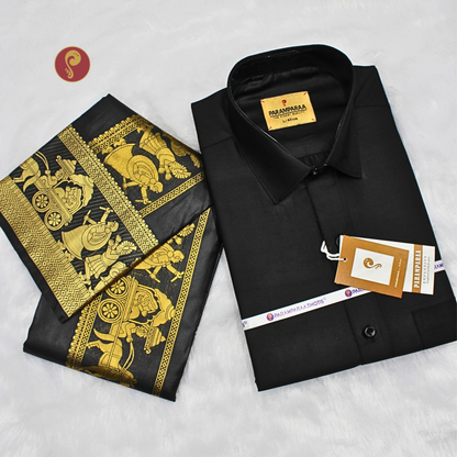 Art Silk Jacquard Pallakku Black Men's shirt and Dhotis & Towel