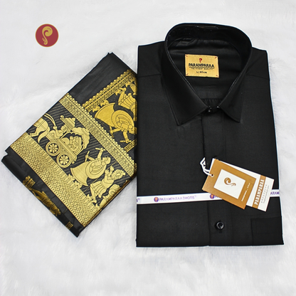 Art Silk Jacquard Pallakku Black Men's shirt and Dhotis & Towel