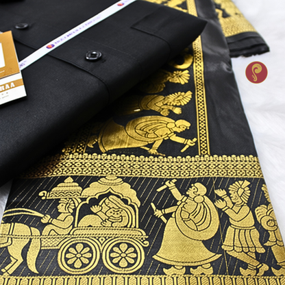 Art Silk Jacquard Pallakku Black Men's shirt and Dhotis & Towel
