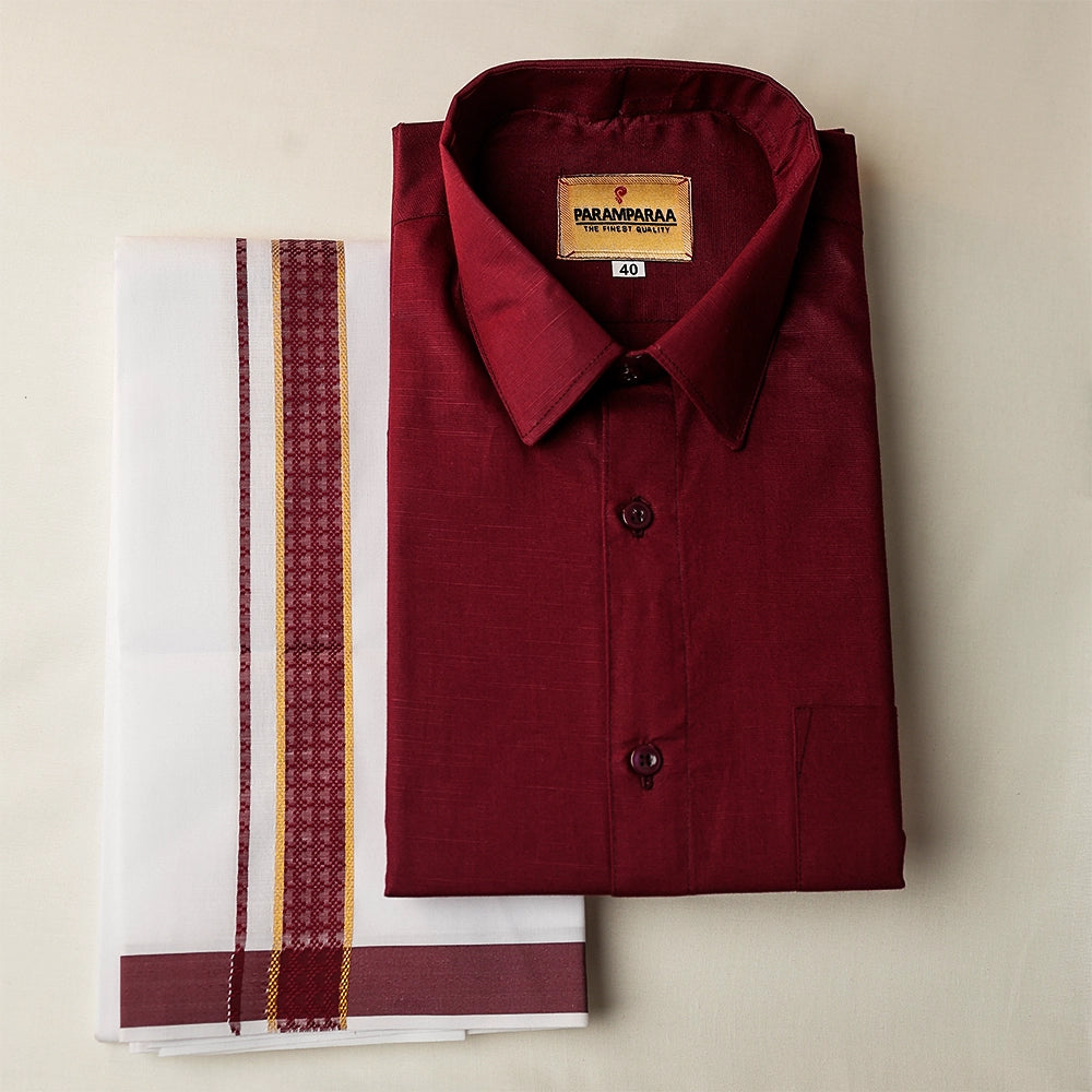 Aarambam Cotton Dark Maroon Mens shirt and Dhotis -  -  Paramparaa Dhotis