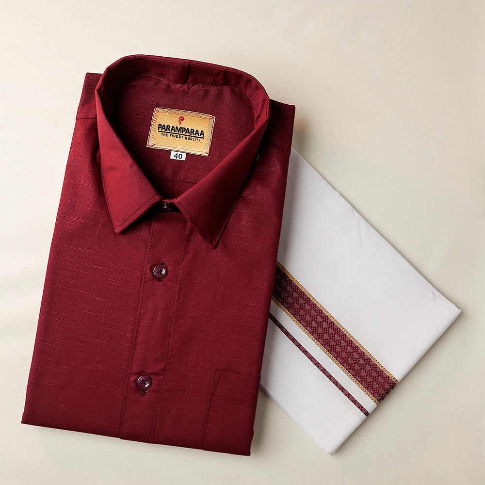 Aarambam Cotton Dark Maroon Mens shirt and Dhotis -  -  Paramparaa Dhotis