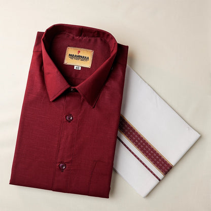 Aarambam Cotton Dark Maroon Mens shirt and Dhotis -  -  Paramparaa Dhotis