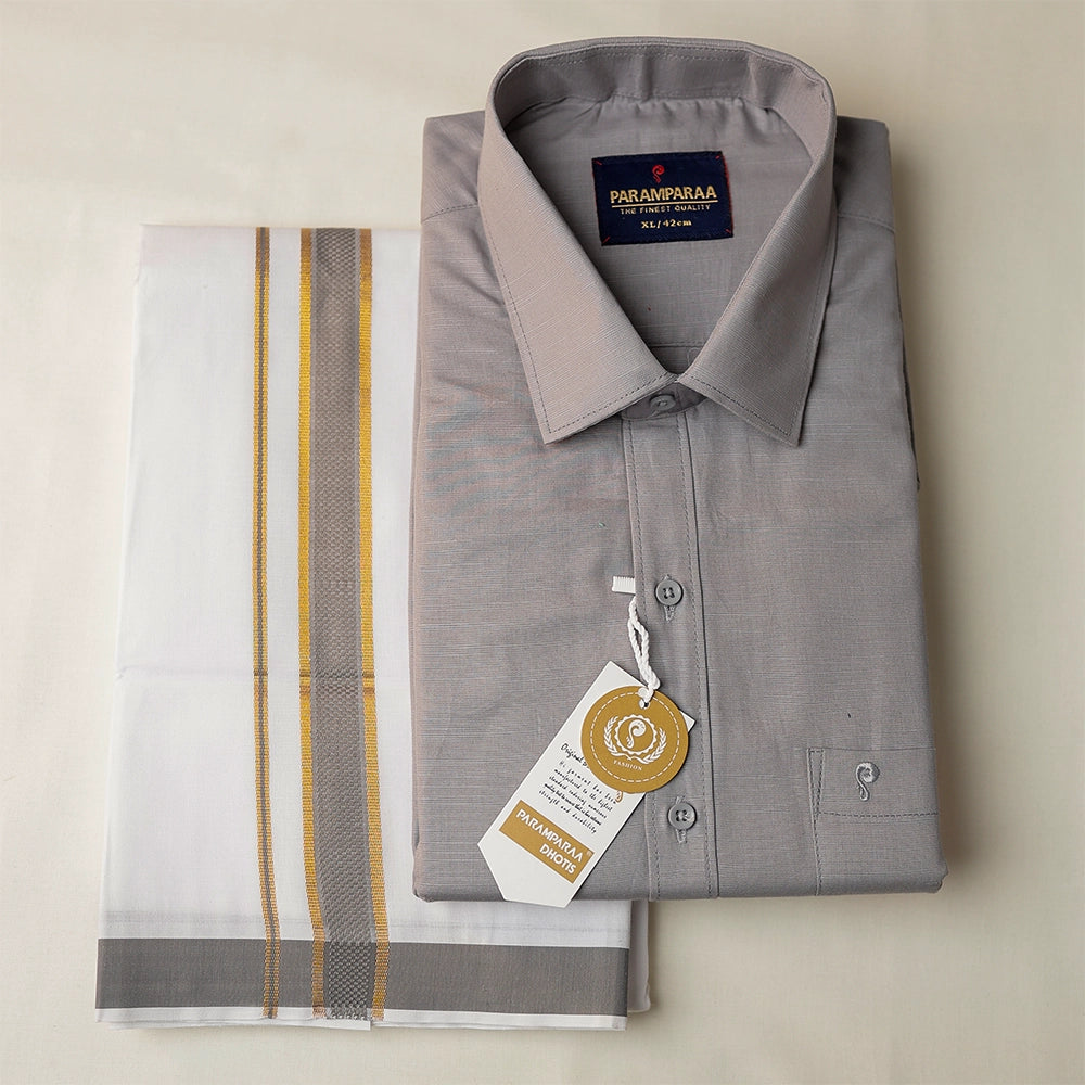 Aarambam Cotton Gray Mens shirt and Dhotis -  -  Paramparaa Dhotis