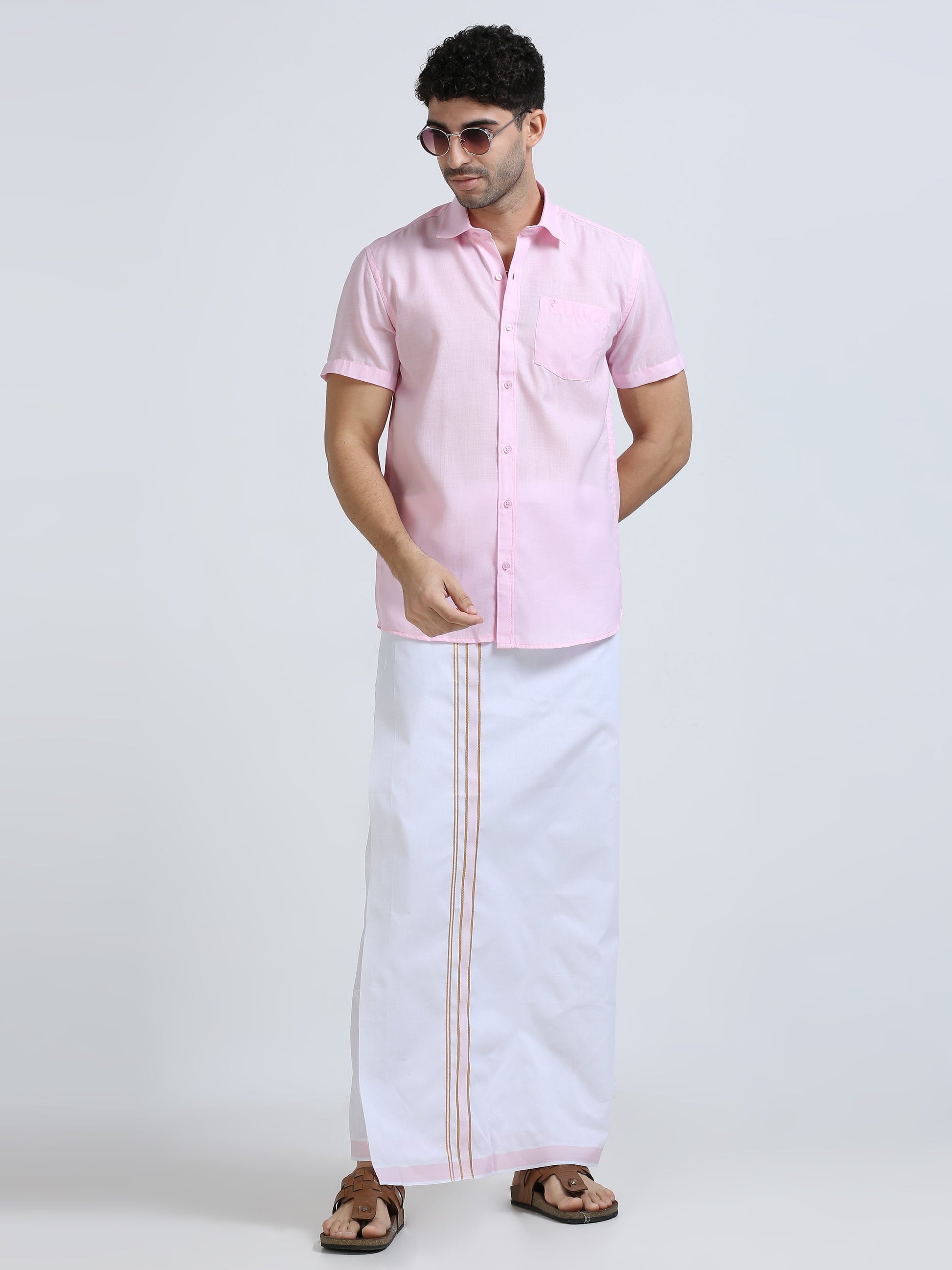 Aarambam Cotton L. rose Mens shirt and Dhotis -  -  Paramparaa Dhotis