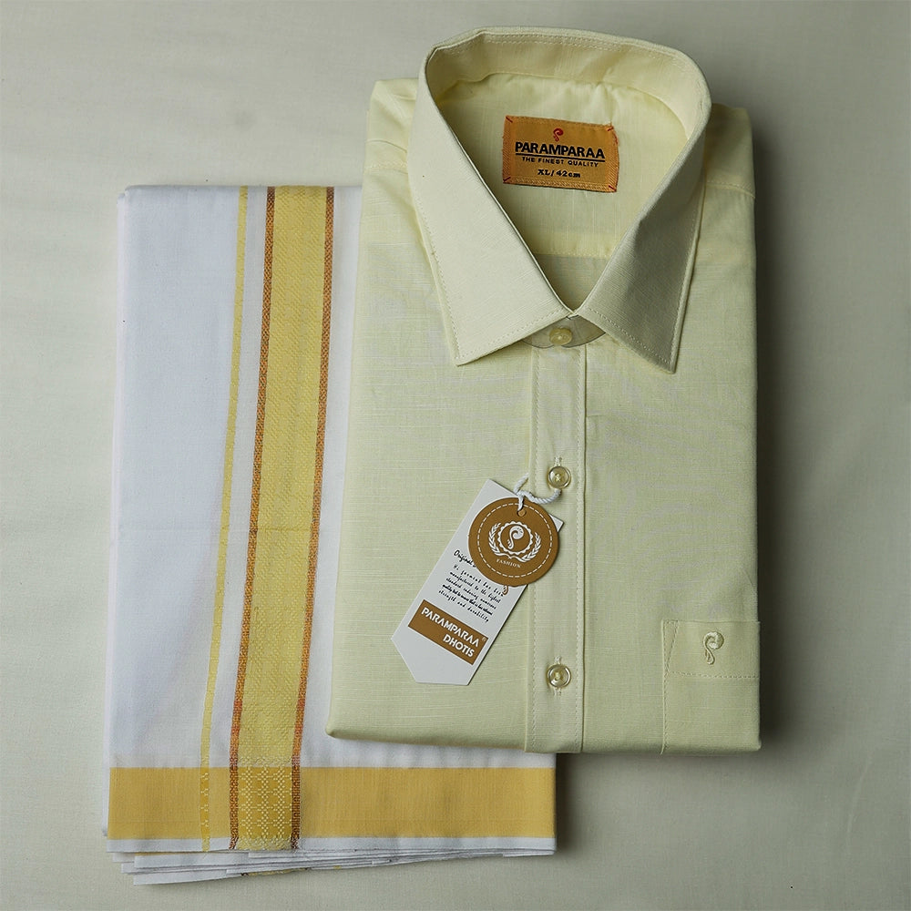 Aarambam Cotton Lemon Mens shirt and Dhotis -  -  Paramparaa Dhotis