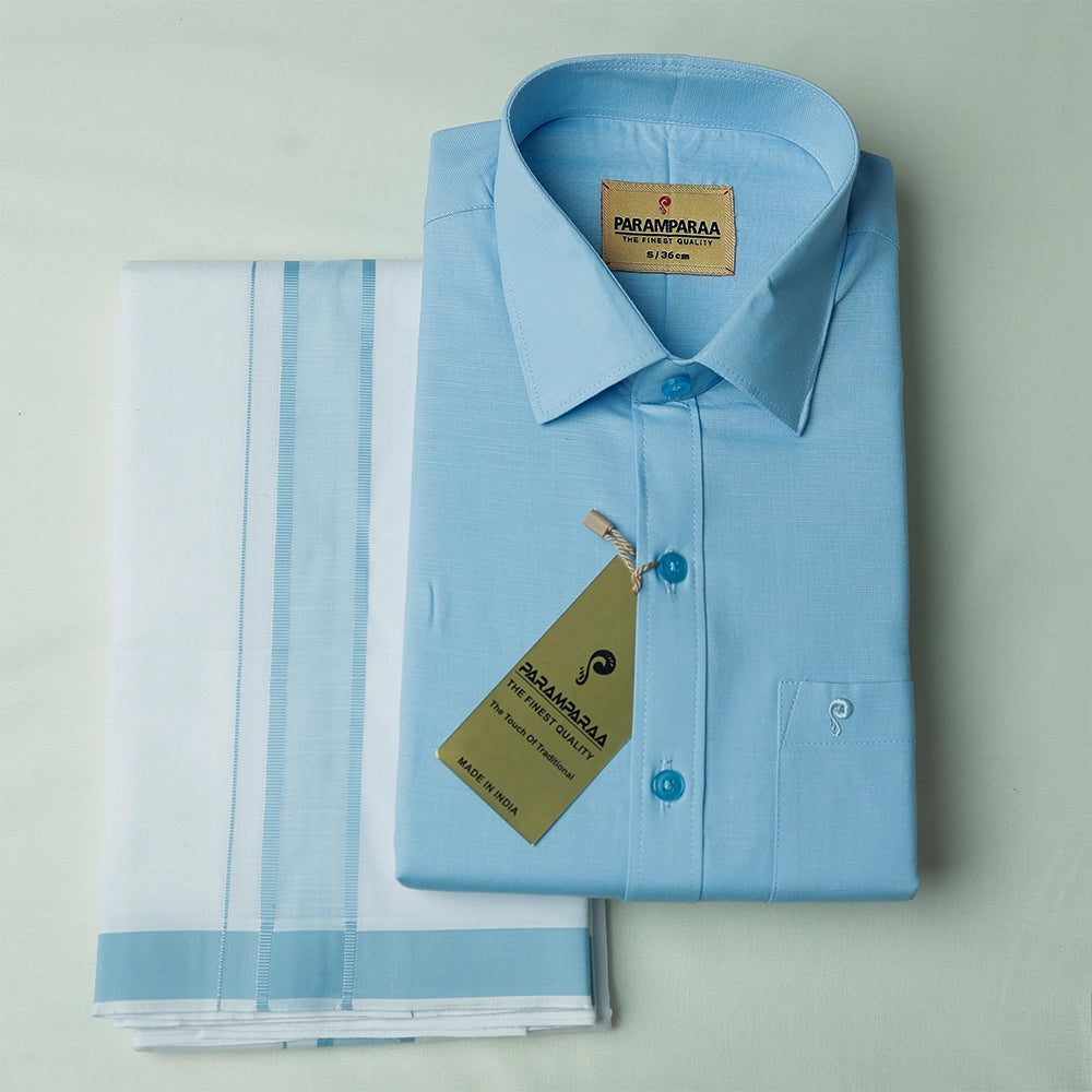 Aarambam Cotton Sky blue Mens shirt and Dhotis -  -  Paramparaa Dhotis