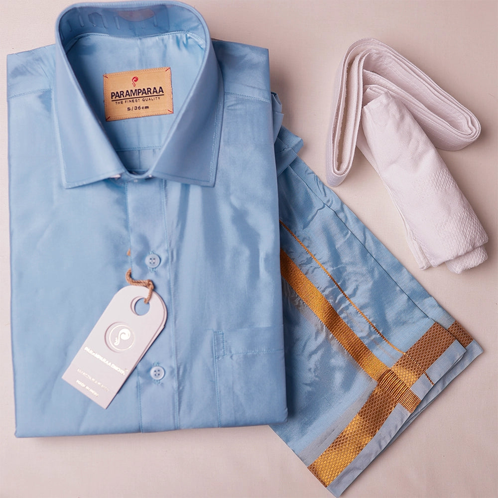 Aishwaryam Sky blue Mens shirt and Dhotis -  -  Paramparaa Dhotis