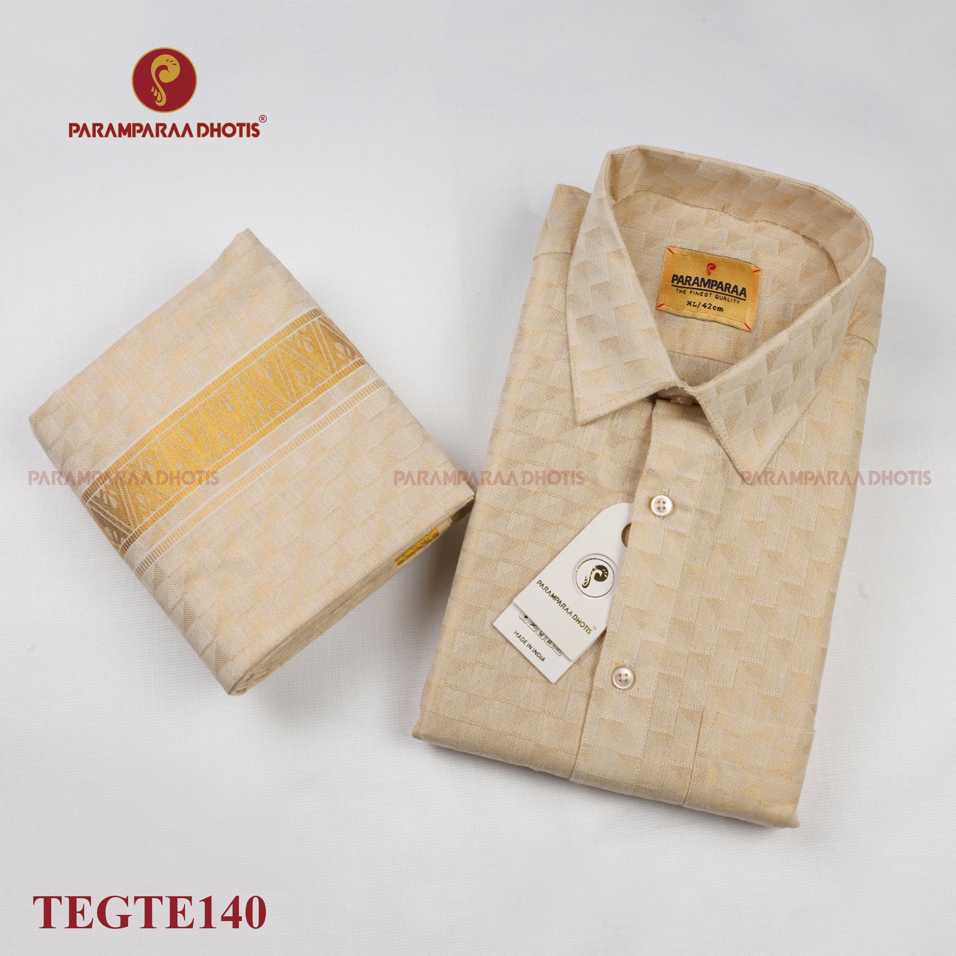 Anugraha Tissue Emboss Gold Triangle Mens shirt and Dhotis -  -  Paramparaa Dhotis