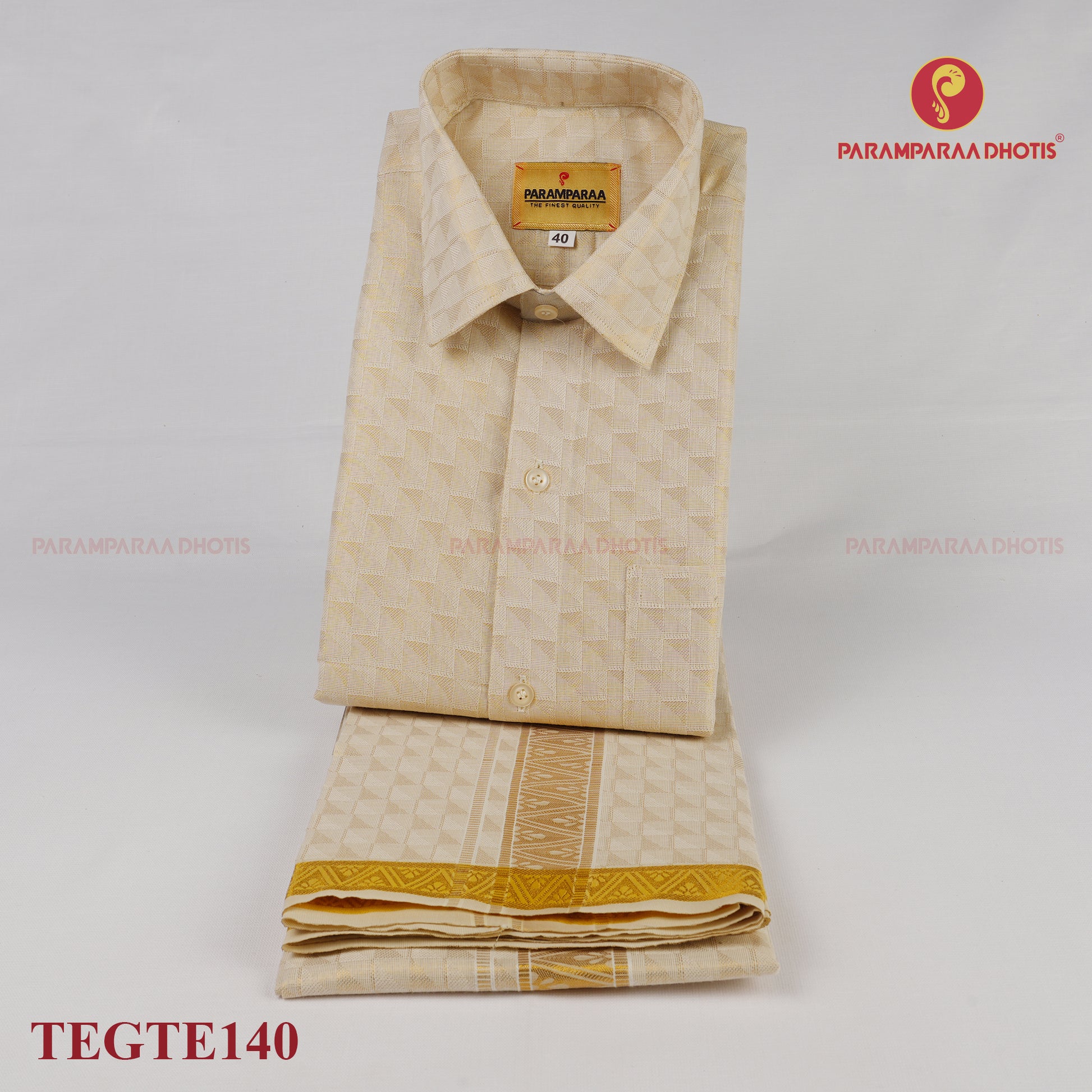 Anugraha Tissue Emboss Gold Triangle Mens shirt and Dhotis -  -  Paramparaa Dhotis