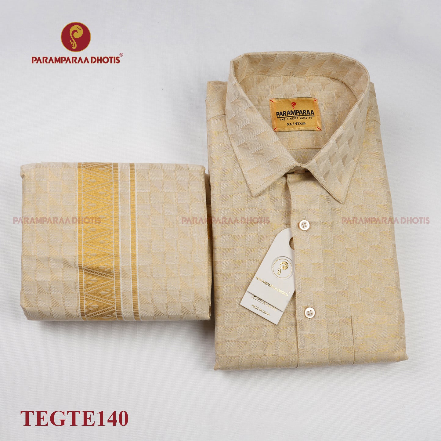 Anugraha Tissue Emboss Gold Triangle Mens shirt and Dhotis -  -  Paramparaa Dhotis