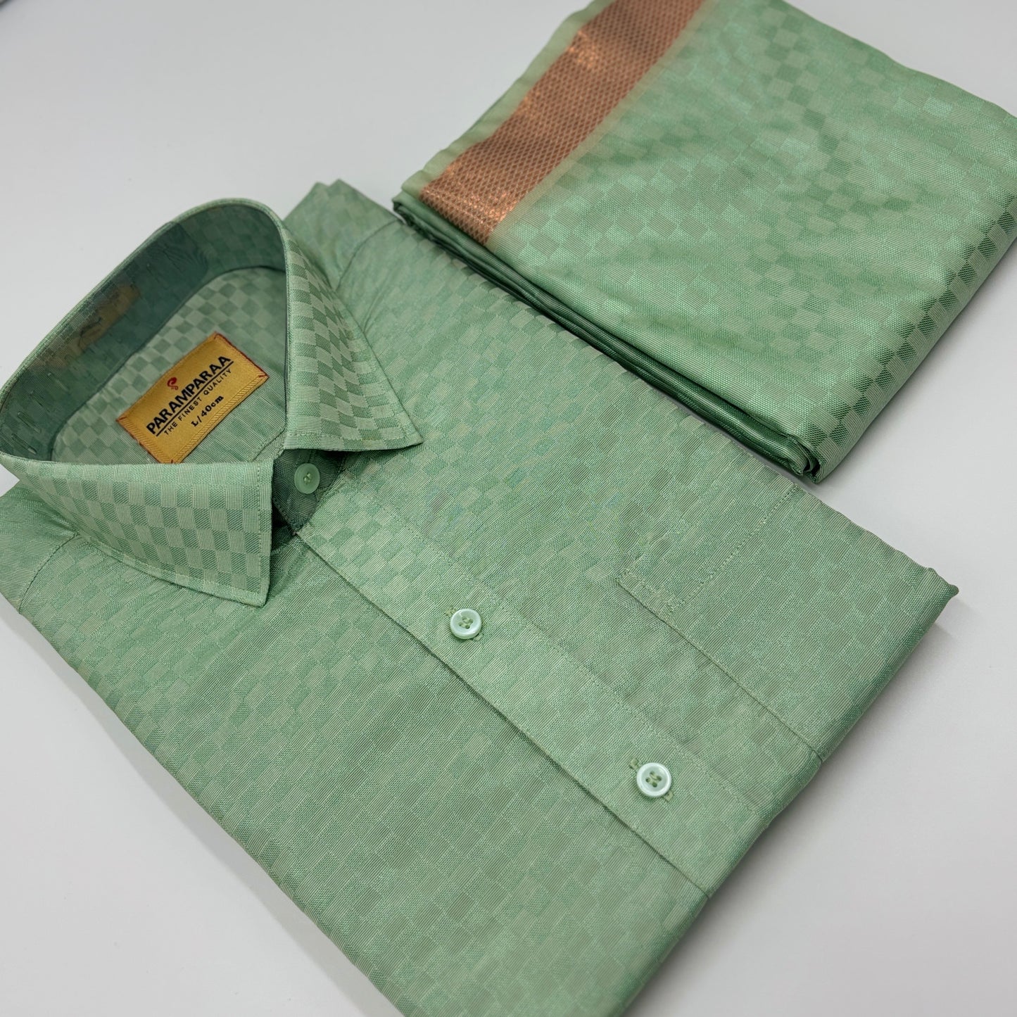 Art Silk Embossed Mens shirt and Dhotis  Pistha