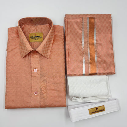 Art Silk Embossed Mens shirt and Dhotis  Fanta
