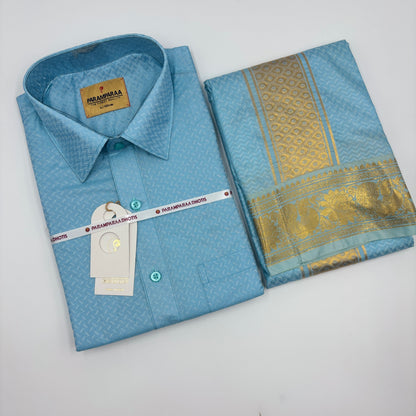 Manam Juquard Wave Sky blue Mens shirt and Dhotis