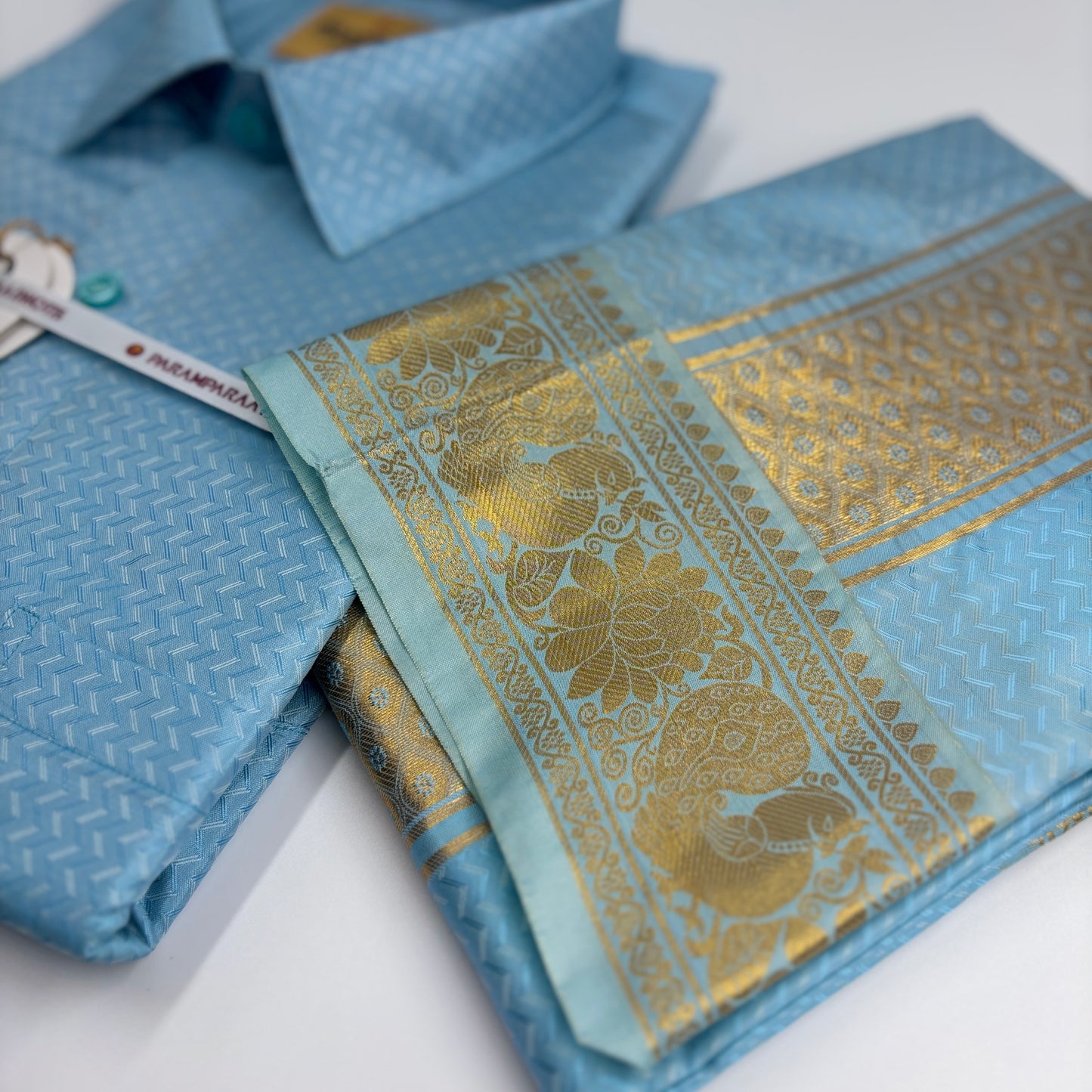 Manam Juquard Wave Sky blue Mens shirt and Dhotis