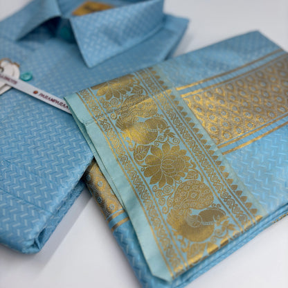 Manam Juquard Wave Sky blue Mens shirt and Dhotis