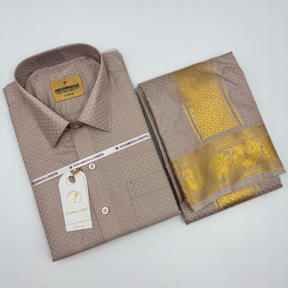 Manam Juquard wave Sand Stone Mens shirt and Dhotis