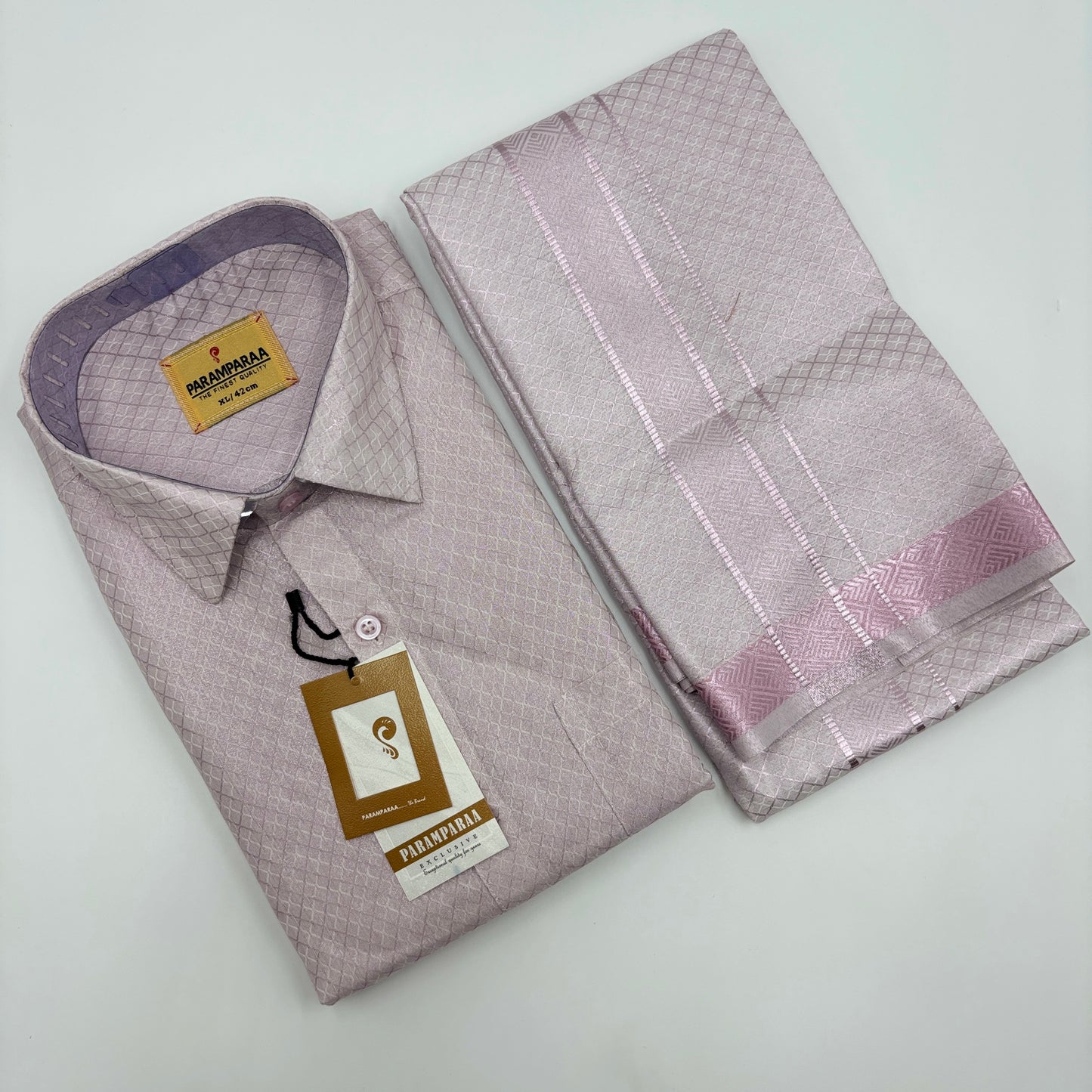Anugraha Tissue Emboss Double Jari Rose Gold Mens shirt and Dhoti