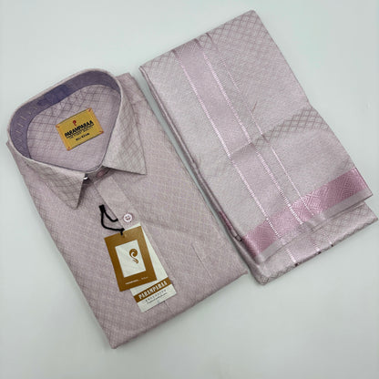 Anugraha Tissue Emboss Double Jari Rose Gold Mens shirt and Dhoti