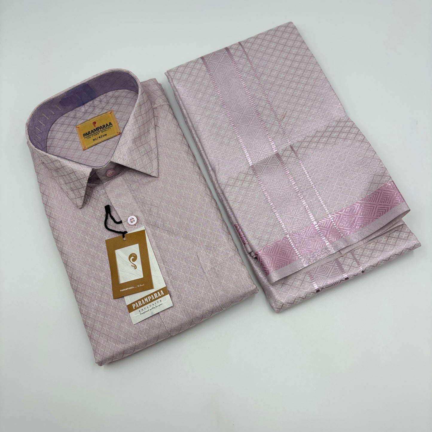 Anugraha Tissue Emboss Double Jari Rose Gold Mens shirt and Dhoti