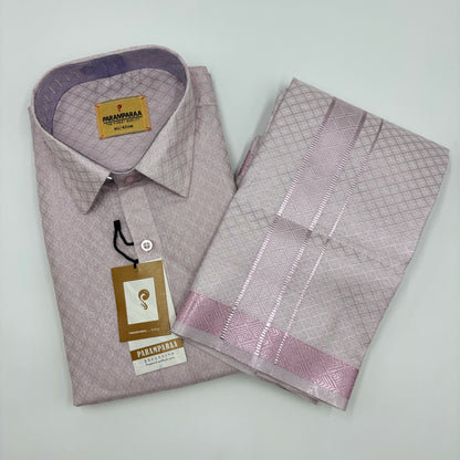Anugraha Tissue Emboss Double Jari Rose Gold Mens shirt and Dhoti