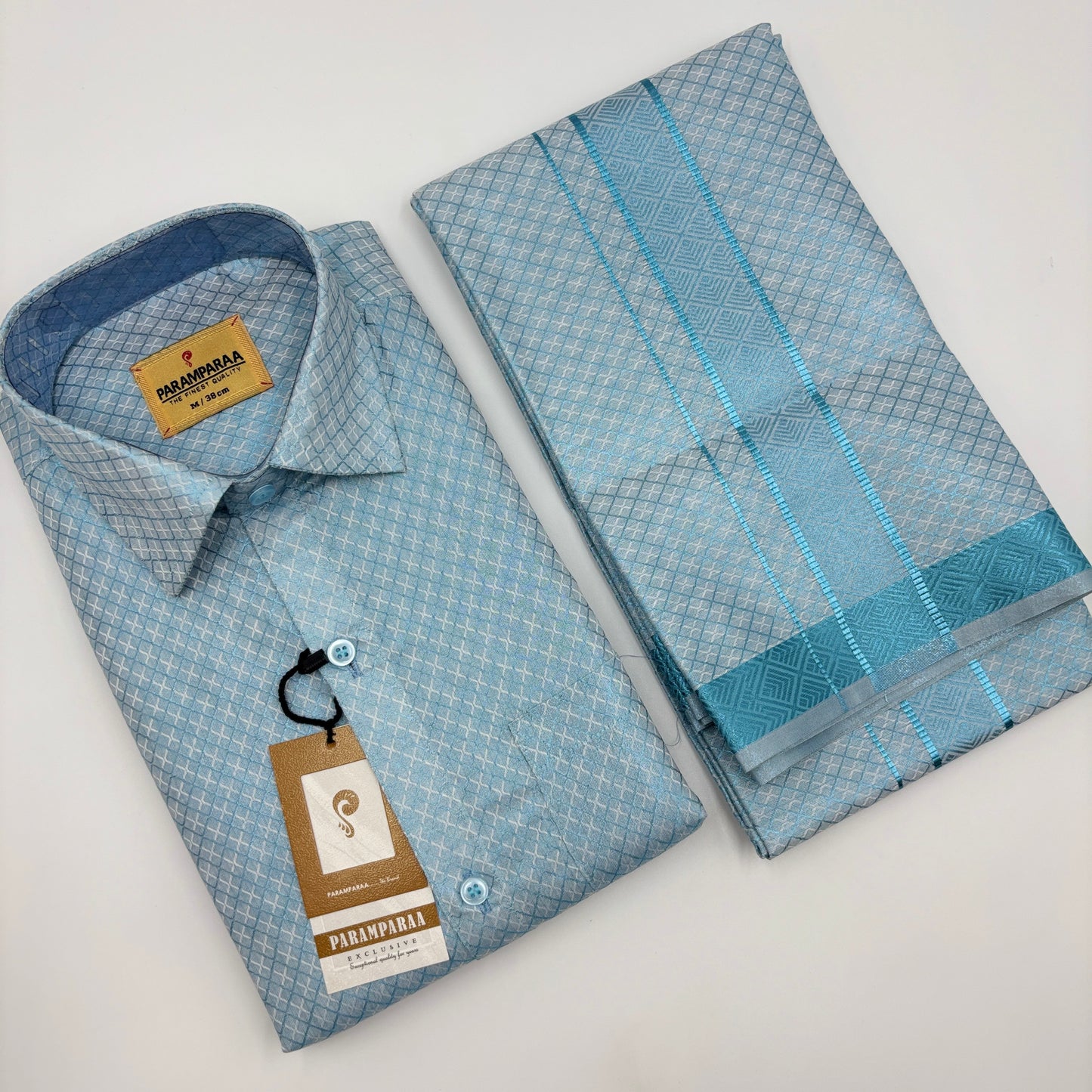 Anugraha Tissue Emboss Double Jari Sky Blue Mens shirt and Dhoti
