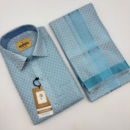 Anugraha Tissue Emboss Double Jari Sky Blue Mens shirt and Dhoti