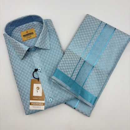 Anugraha Tissue Emboss Double Jari Sky Blue Mens shirt and Dhoti