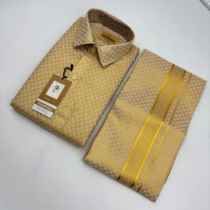 Anugraha Tissue Emboss Double Jari Gold Mens shirt and Dhoti