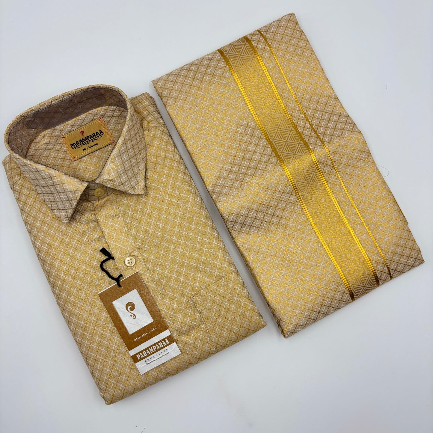 Anugraha Tissue Emboss Double Jari Gold Mens shirt and Dhoti