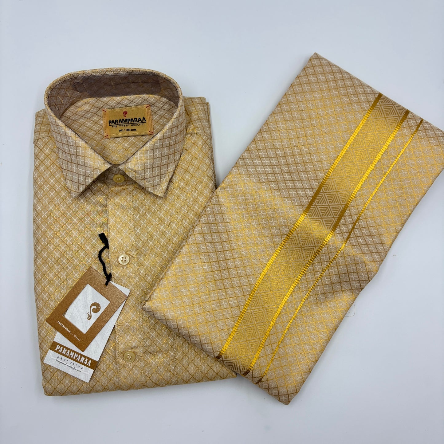 Anugraha Tissue Emboss Double Jari Gold Mens shirt and Dhoti