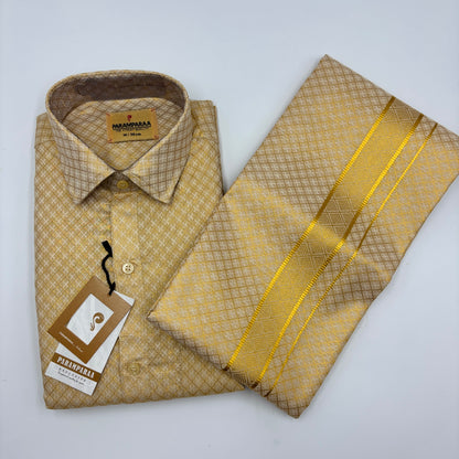 Anugraha Tissue Emboss Double Jari Gold Mens shirt and Dhoti