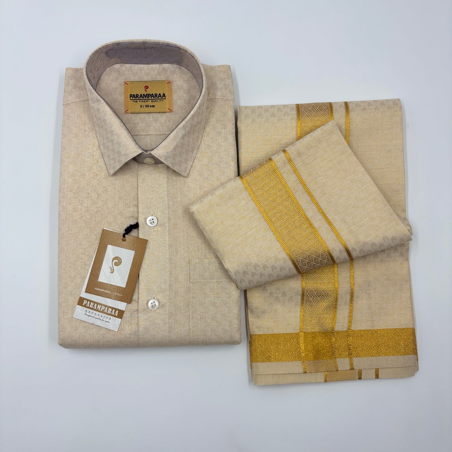 Anugraha Tissue Emboss Gold Shiled Mens shirt and Dhotis