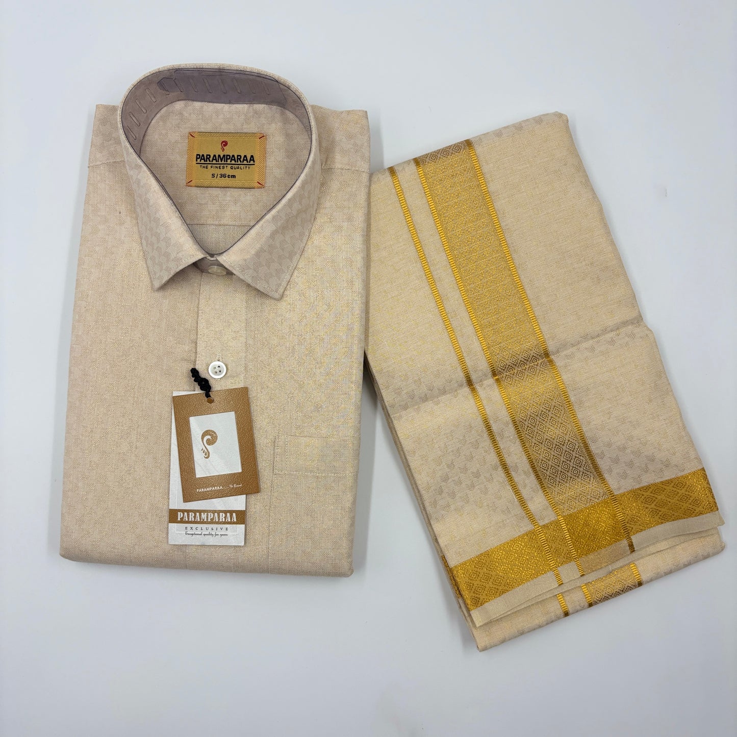 Anugraha Tissue Emboss Gold Shiled Mens shirt and Dhotis