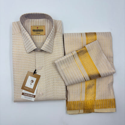 Anugraha Tissue Emboss Gold Wave Mens shirt and Dhotis