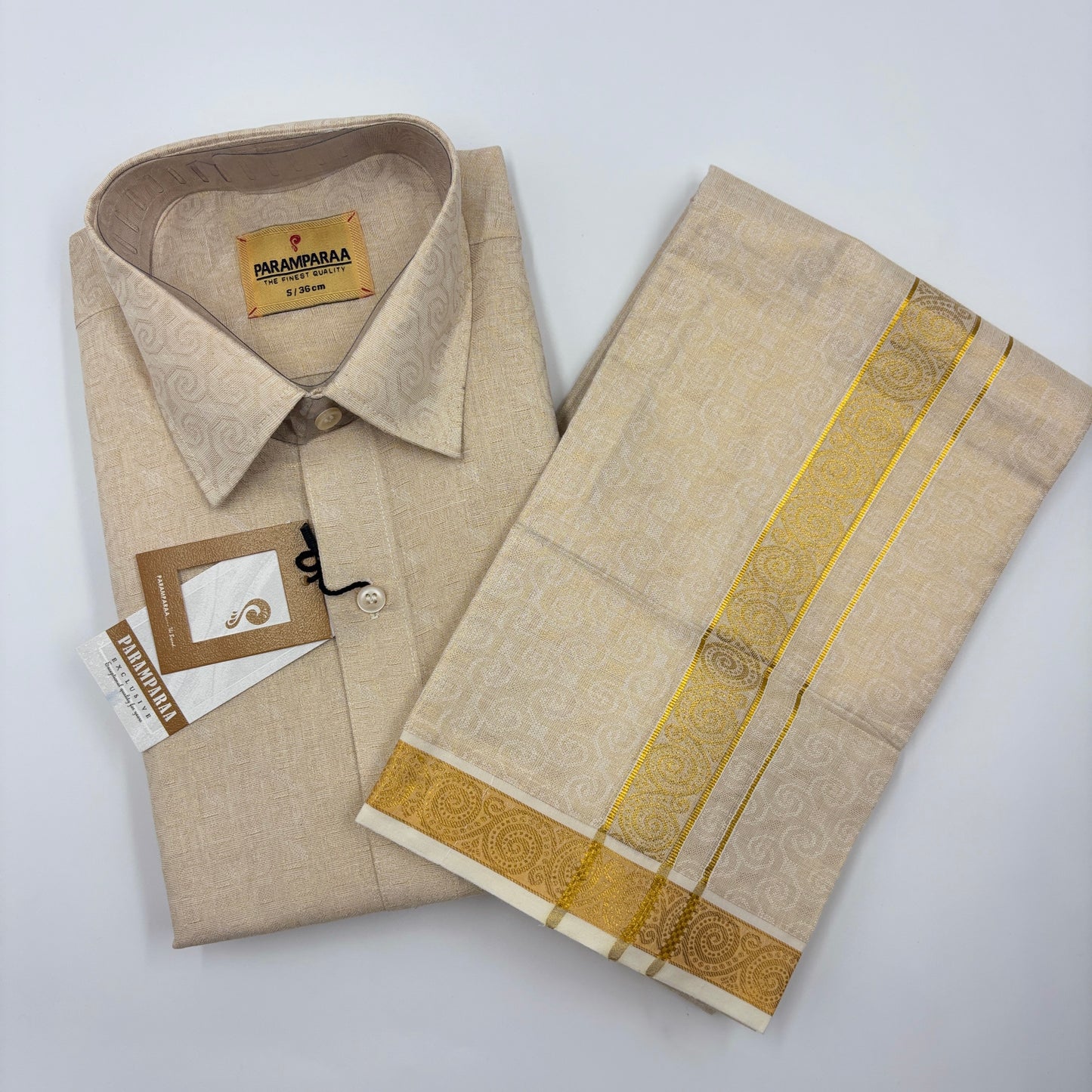 Anugraha Tissue Emboss gold Chakram  Mens shirt and Dhotis