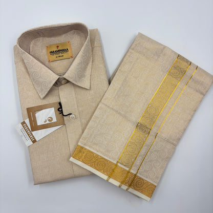 Anugraha Tissue Emboss gold Chakram  Mens shirt and Dhotis