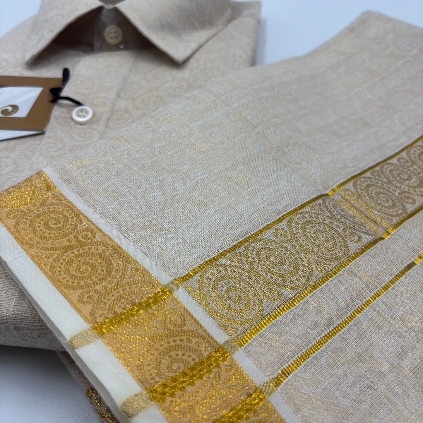 Anugraha Tissue Emboss gold Chakram  Mens shirt and Dhotis