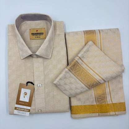 Anugraha Tissue Emboss Gold Triangle Mens shirt and Dhotis