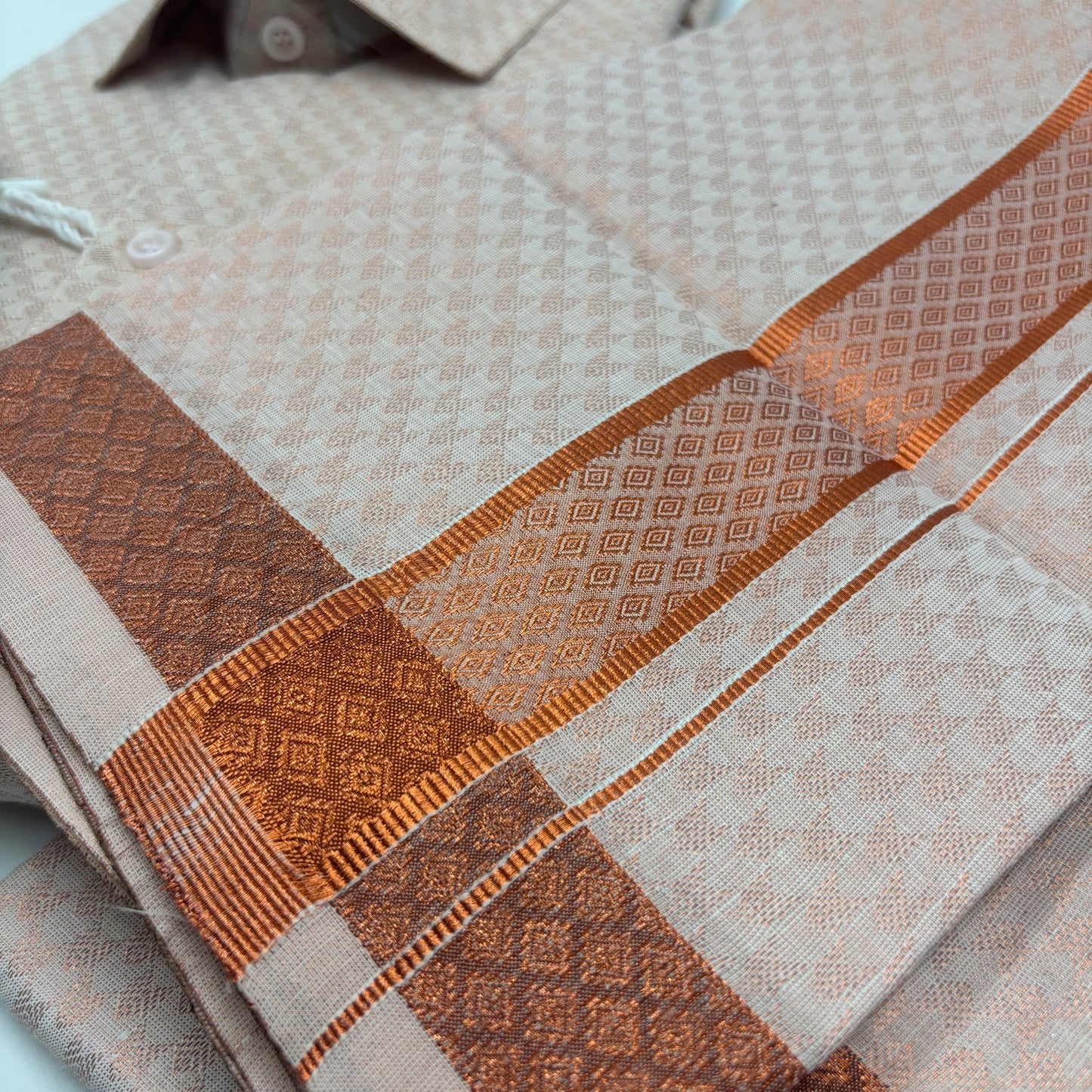 Anugraha Tissue Emboss cop Shiled Mens shirt and Dhotis