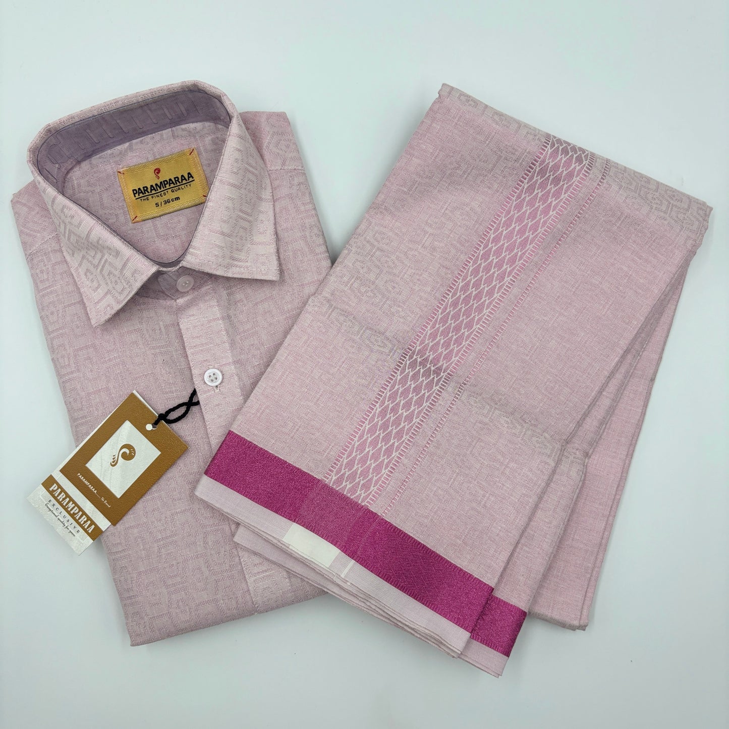 Anugraha Tissue Emboss Pink chakram Mens shirt and Dhotis