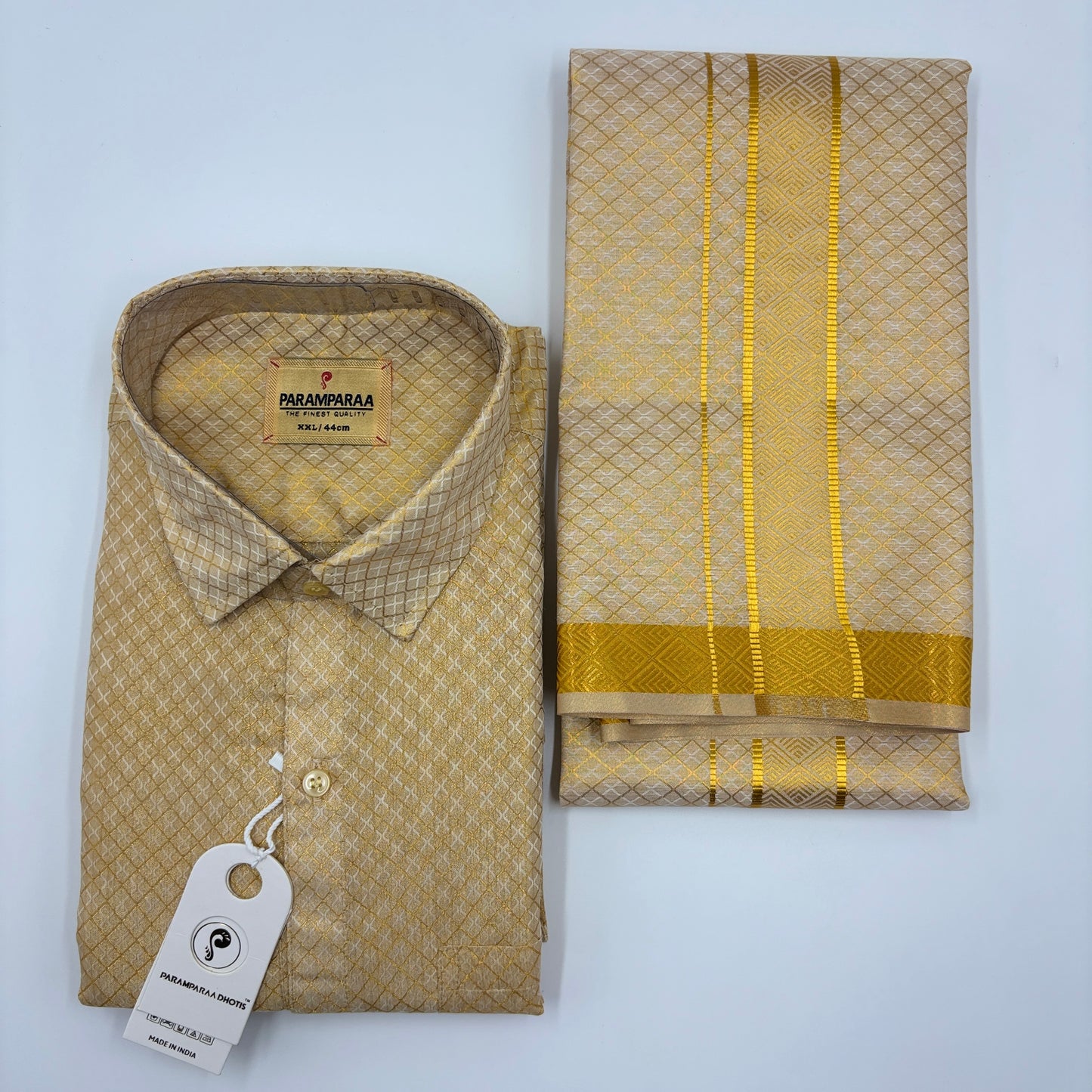 Anugraha Tissue Emboss Double Jari Gold Mens shirt and Dhoti