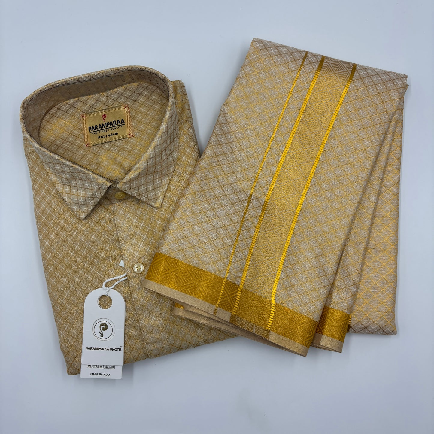 Anugraha Tissue Emboss Double Jari Gold Mens shirt and Dhoti