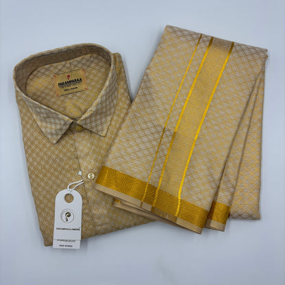 Anugraha Tissue Emboss Double Jari Gold Mens shirt and Dhoti